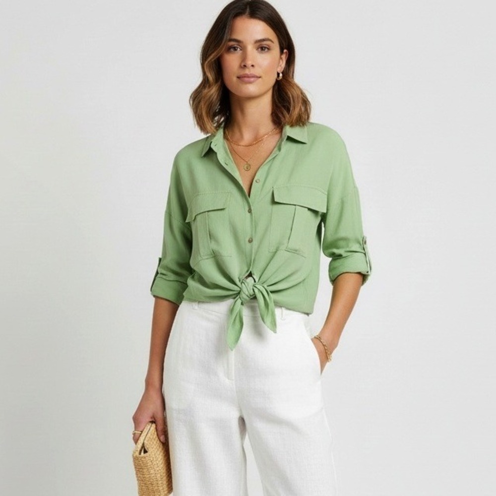 Maeve by‎ Anthropologie Green Button Front Tie Hem Blouse Long Sleeve Large
